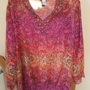 Chico's Size 2 Women's Blouse Vibrant colors of Orange and Yellow. 3/4 in sleeve